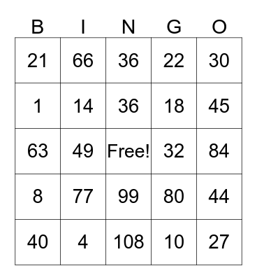 Multiplication Facts Bingo Card