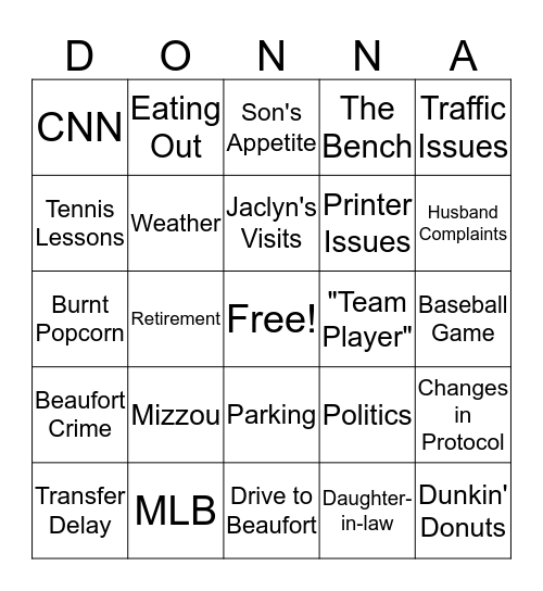 D-O-N-N-A Bingo Card