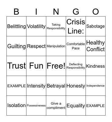 Healthy Relationships Bingo Card