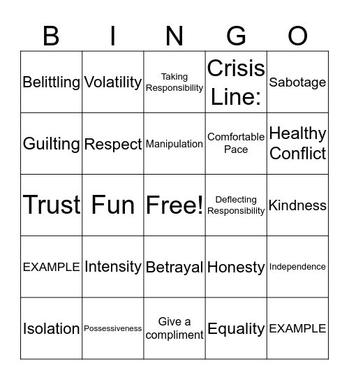 Healthy Relationships Bingo Card