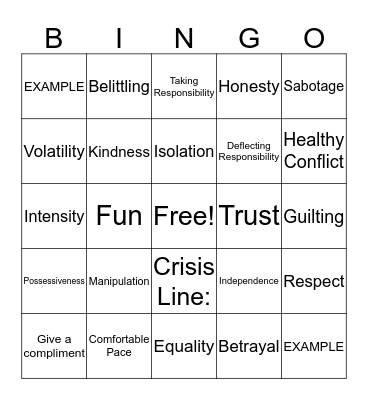 Healthy Relationships Bingo Card