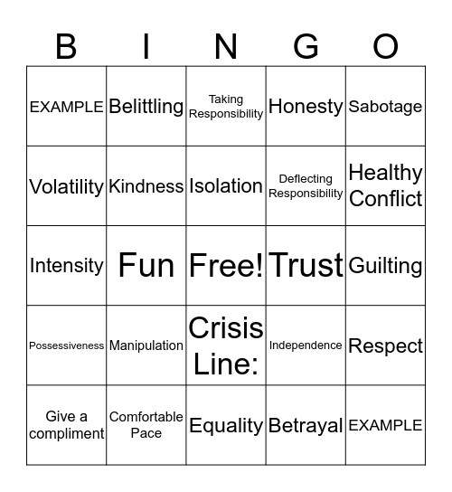 Healthy Relationships Bingo Card