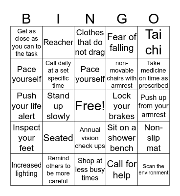 Fall Prevention BINGO Card