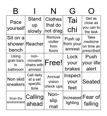 Fall Prevention BINGO Card