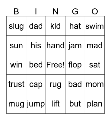 short vowel sounds Bingo Card