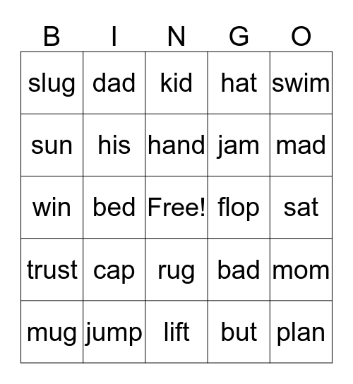 short vowel sounds Bingo Card