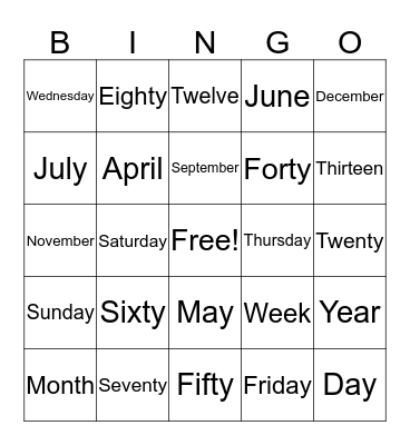 Numbers and Calendar Words Bingo Card