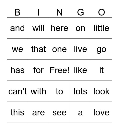 Power Word Bingo Card