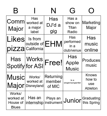 MIC Welcome Night Spring 2020 Bingo Card