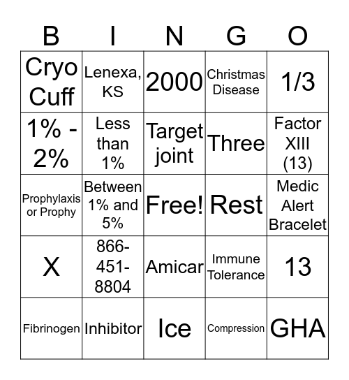 STL Bleeding Disorder Bingo! Bingo Card