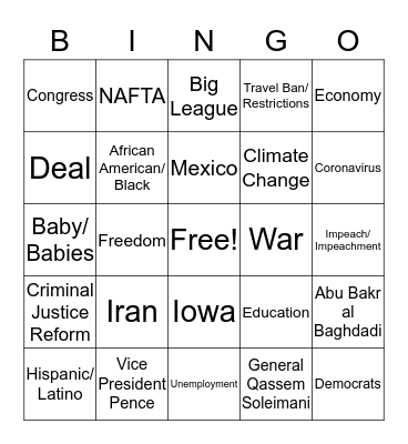 Pres. Trump SOTU 2020 Bingo Card