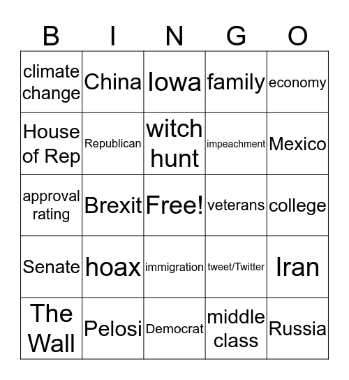 State of the Union Bingo Card