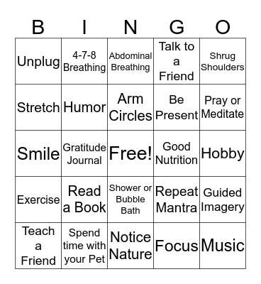 Calming Techniques Bingo Card