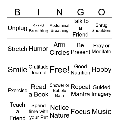 Calming Techniques Bingo Card