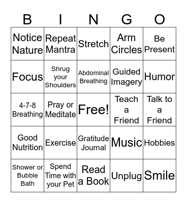 Calming Techniques Bingo Card