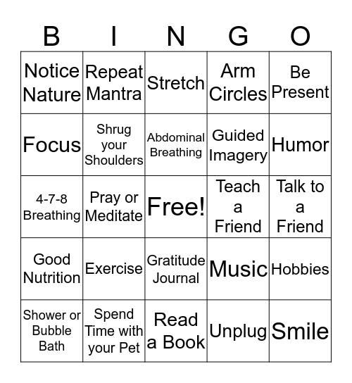 Calming Techniques Bingo Card