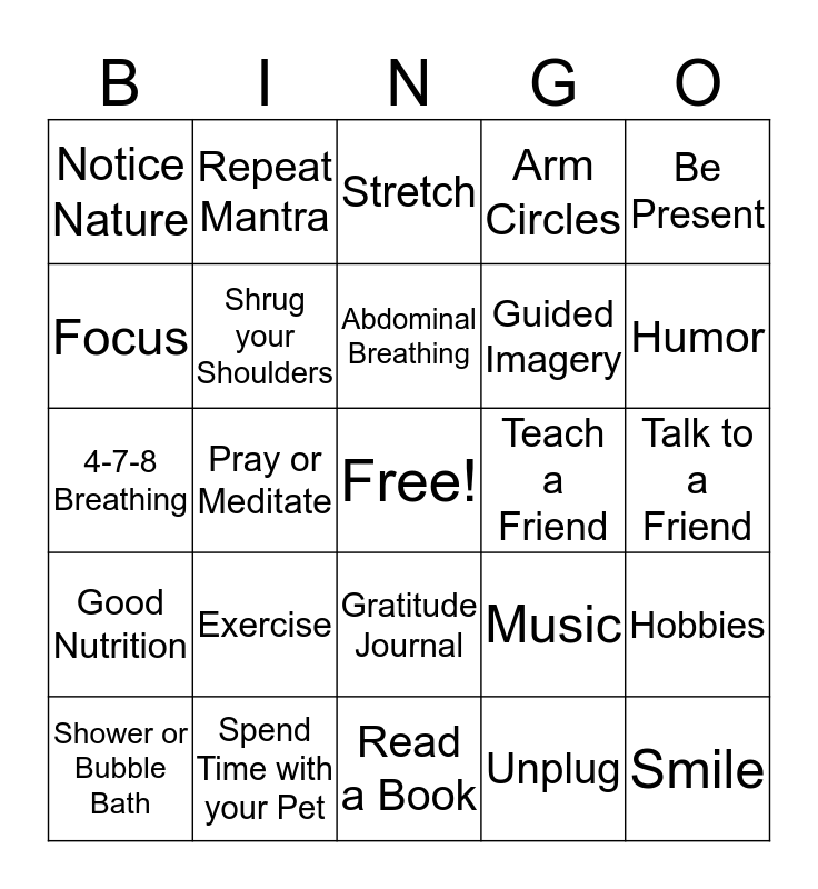 Calming Techniques Bingo Card