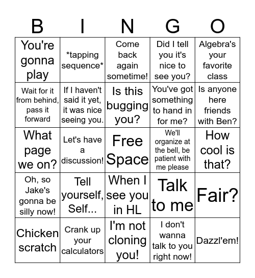 Mr A's Sayings Bingo Card
