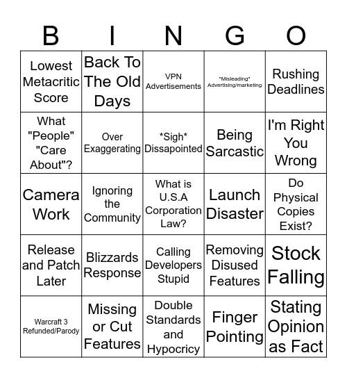 Youtubers/Streamers Moaning About Blizzard Bingo Card