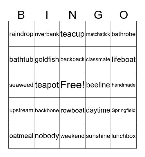 2nd Compound Words Bingo Card
