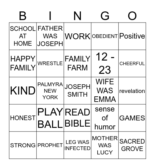 Joseph Smith Bingo Card