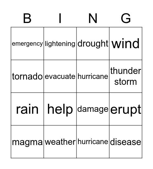Natural disaster bingo Card