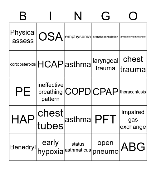 Respiratory Bingo Card