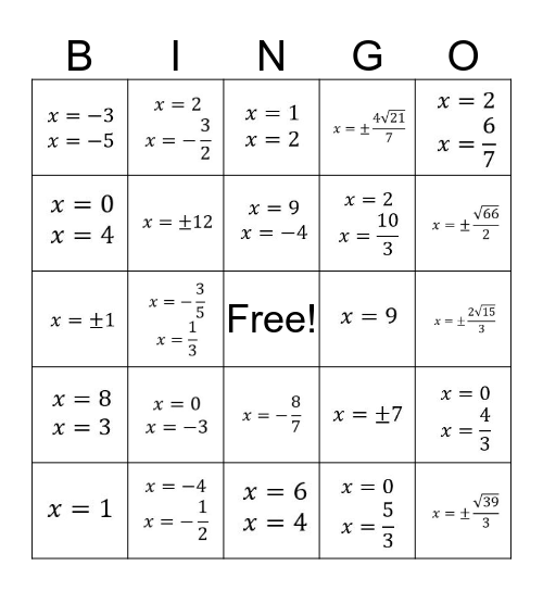 Algebra 2 - 5.5 Practice Bingo Card