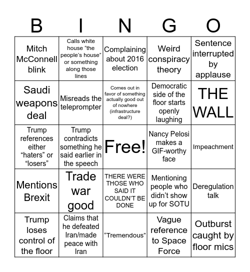 SotU Bingo Card