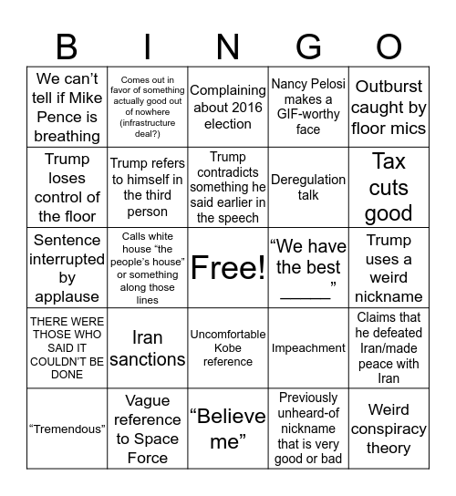 SotU Bingo Card