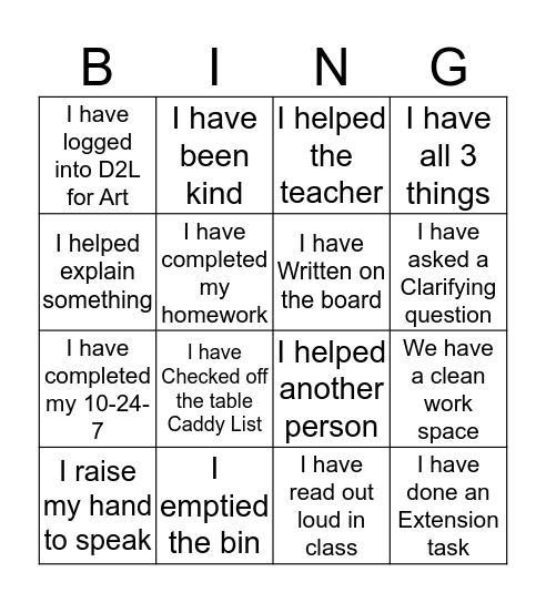 Positive Behaviour   Bingo Card