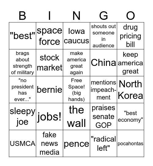 Trump SOTU bingo Card