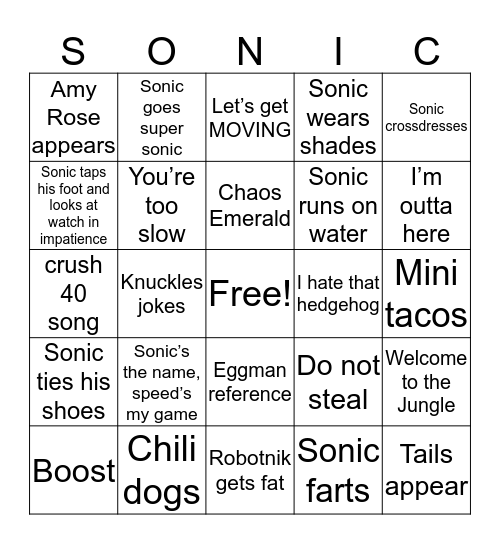 Sonic the Movie Bingo Card