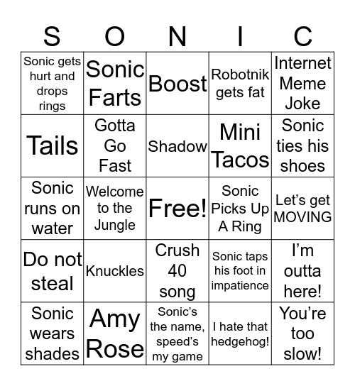 Sonic the Movie Bingo Card