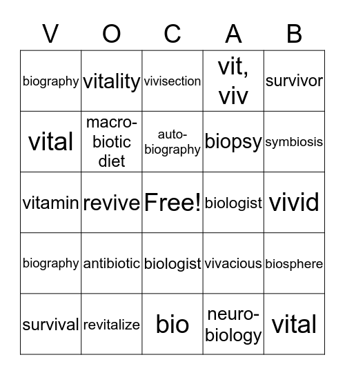 bio, vit, & viv vocabulary roots Bingo Card