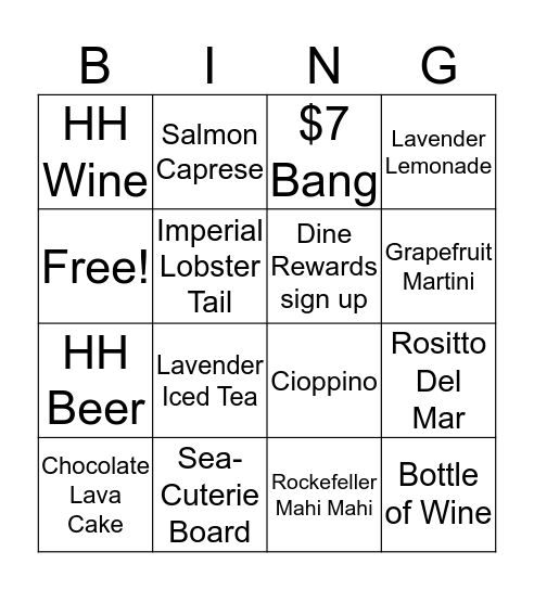 Bonefish Specials Bingo Card