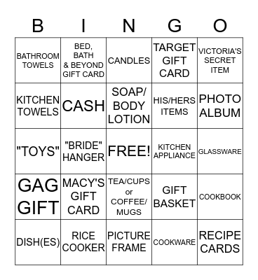 SHEINAH'S SHOWER GIFTS Bingo Card