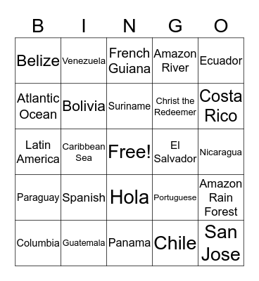 Latin and Central America Bingo Card