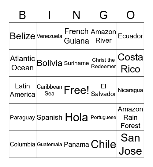 Latin and Central America Bingo Card