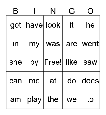 Sight Words Bingo Card