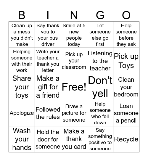 Random Acts of Kindness Bingo Card