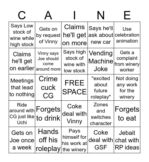 Joe Caine Bingo Card