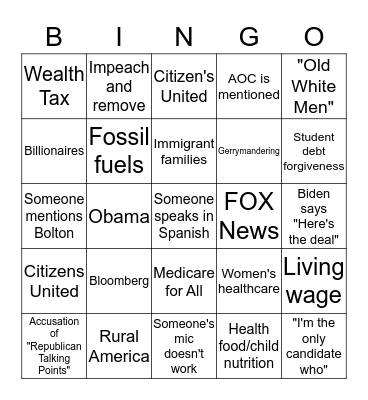 February 7, 2020 Debate Bingo Card