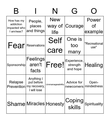Full R2R Recovery Bingo Card