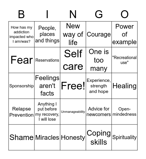 Full R2R Recovery Bingo Card