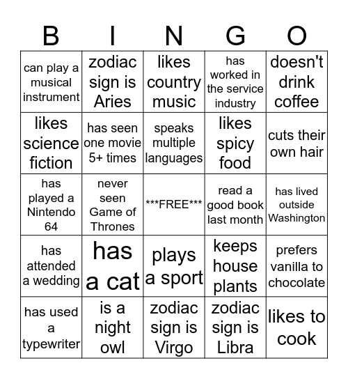 GET TO KNOW YOU BINGO! Bingo Card