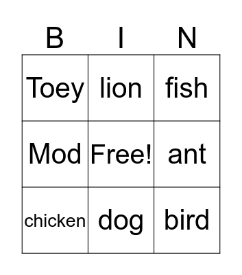 Animals Bingo Card