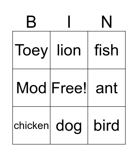 Animals Bingo Card