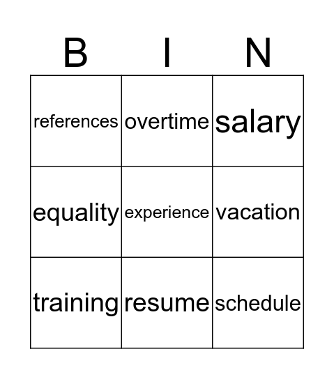 interview vocabulary Bingo Card