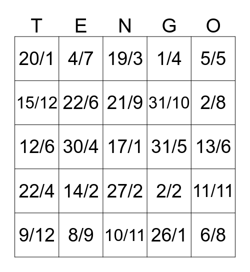 Spanish 1 U5: ¿Cuál es la fecha? Bingo Card